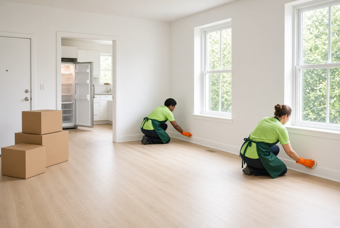 Two cleaners detailing baseboards in an empty home
